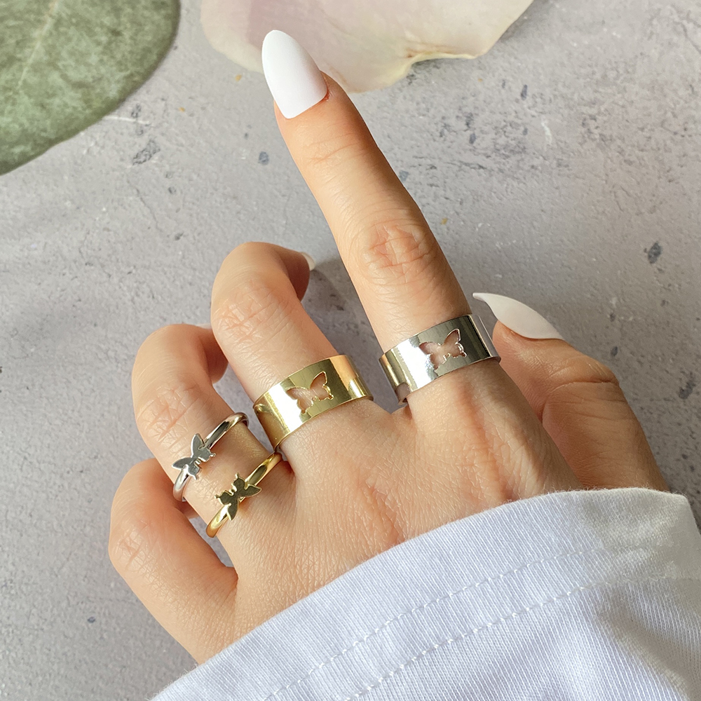 Set 2 Nhẫn Đeo Tay Kim Loại Họa Tiết Bướm Phong Cách Vintage Dành Cho Cặp Đôi