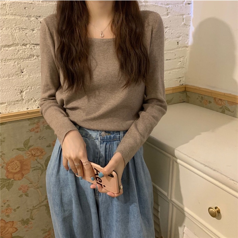 NZN Áo thun dệt kim cổ vuông màu trơn thời trang cho nữ