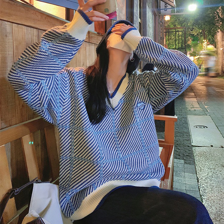 Áo sweater dệt kim cổ chữ V dáng rộng màu tím/ màu xanh da trời thời trang dành cho nữ