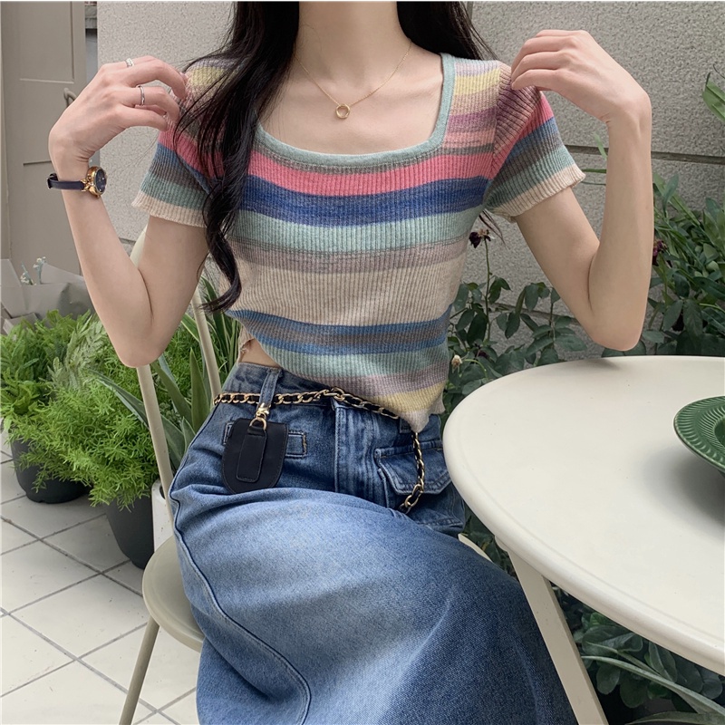 Xiaozhainv Áo Thun Dệt Kim Ngắn Tay Cổ Vuông Họa Tiết Kẻ Sọc Phong Cách retro Hàn Quốc Cho Nữ