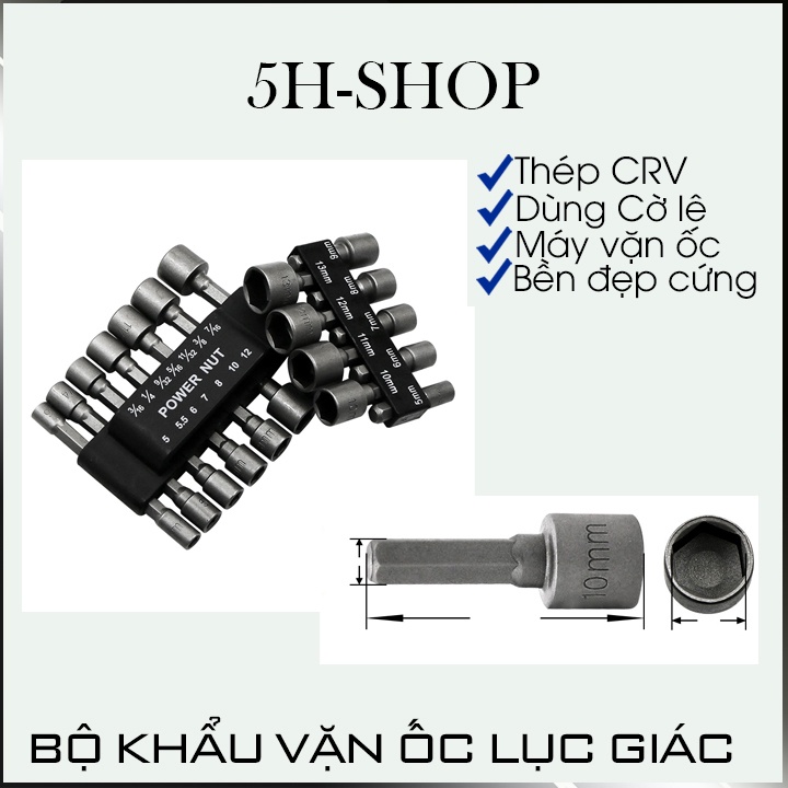 Bộ khẩu vặn ốc lục giác 14 đầu vặn hệ inch 5-12mm và hệ mét thép cabon sử dụng cho tay cầm hoặc máy bắn ốc