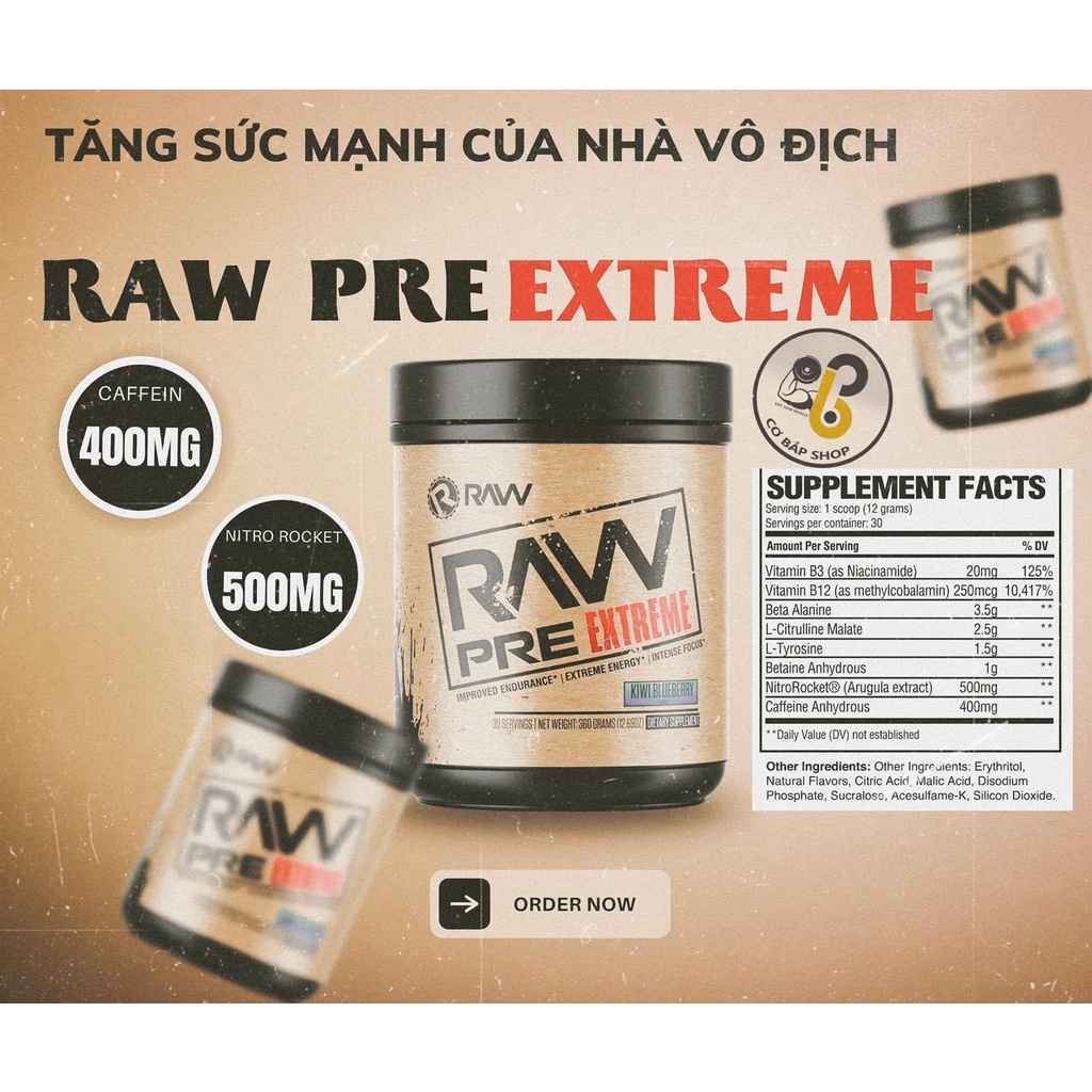RAW PRE EXTREME - TĂNG SỨC MẠNH - TĂNG SỨC BỀN - PHÁT TRIỂN CƠ BẴP - BỔ SUNG THÊM CHẤT ĐIỆN GIẢI - HỘP 30LẦN DÙNG