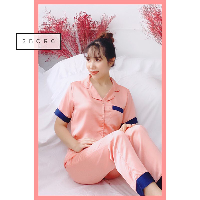 Đồ bộ mặc nhà trung niên SBORG pijama lụa satin cao cấp phối nẹp sang trọng tay ngắn có túi bigsize 45-85kg quà tặng mẹ