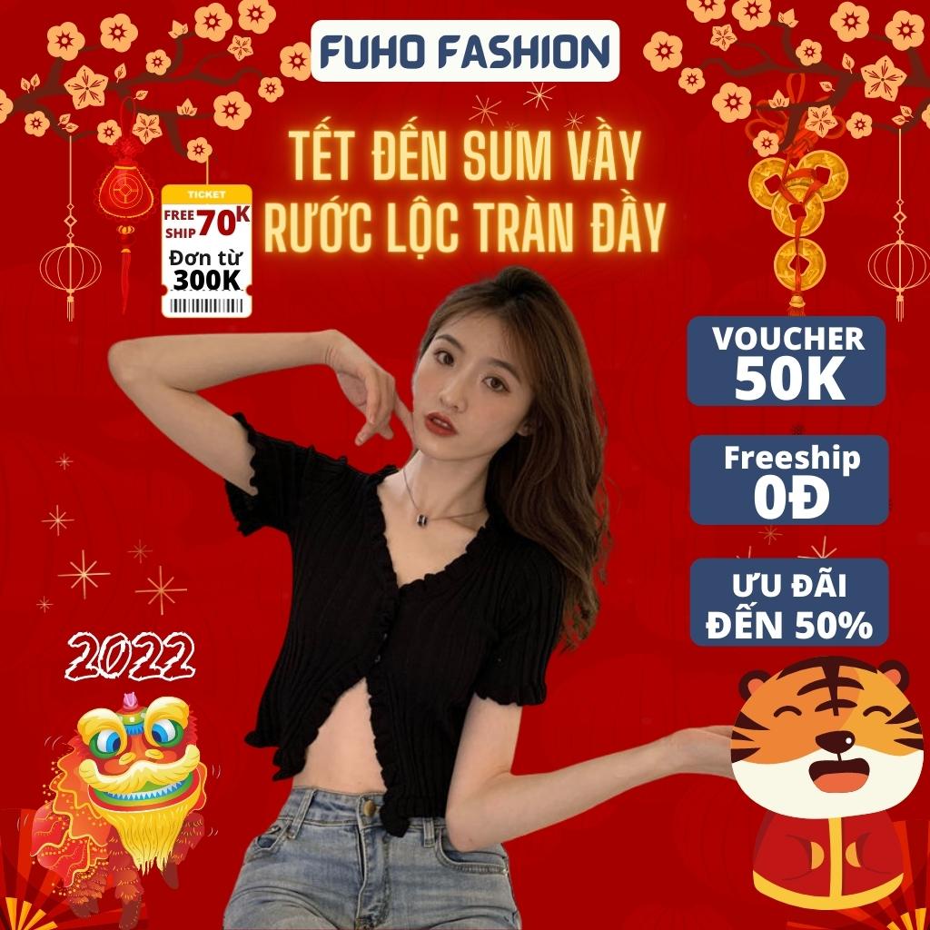 [ Hàng Cao Cấp ] Áo croptop nữ cổ V có cúc viền bèo FUHO Fashion chất len tăm loại 1 phong cách Hàn Quốc 082