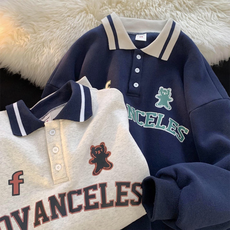 Phong cách Preppy Cặp đôi Quần áo Áo nỉ nữ Thiết kế Niche American Retro Preppy Style Top 2022 Loose Phiên bản Hàn Quốc Áo khoác ngoài cổ polo