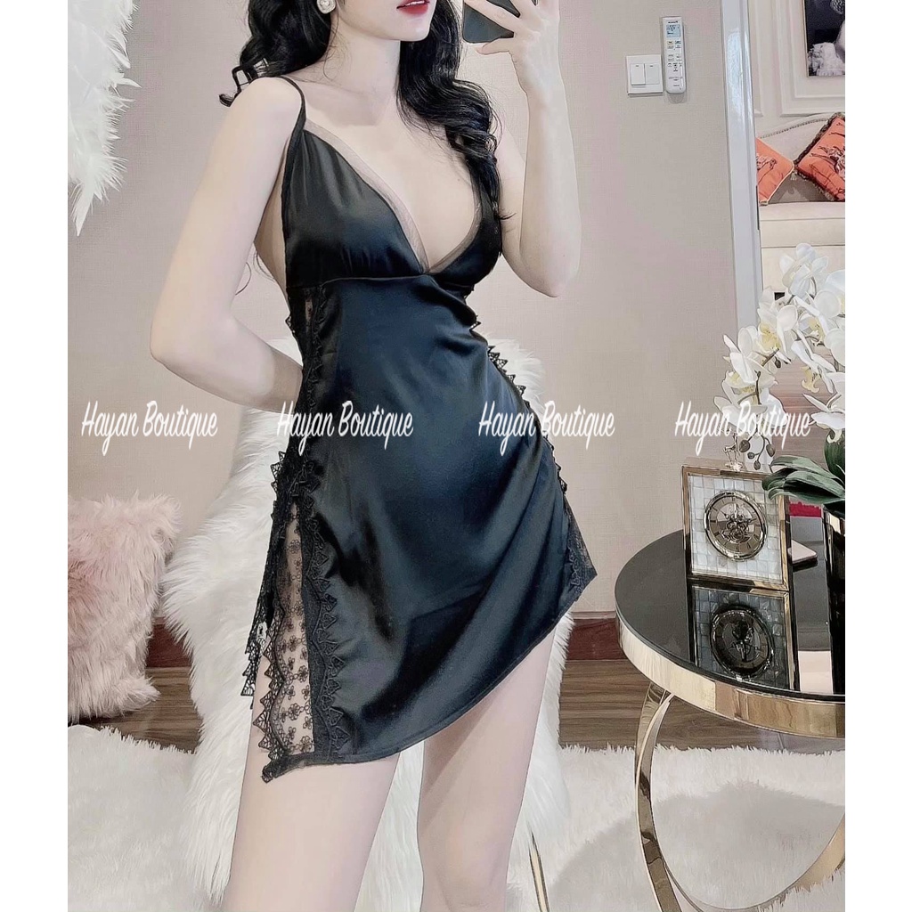 Váy ngủ sexy xẻ hông dây lưng đan chéo, đầm ngủ lụa quyến rũ QUẢNG CHÂU #HT24