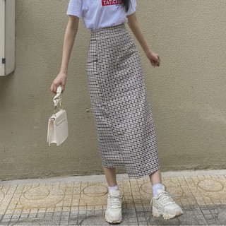 CHECKED MIDI SKIRT - Chân váy caro vạt đắp chữ A