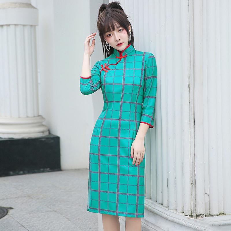 Rẻ và đẹp┇✖Kẻ sọc hàng ngày mùa hè 2020 MỚI Phần dài Retro Trung Quốc Cheongsam Dress Nữ