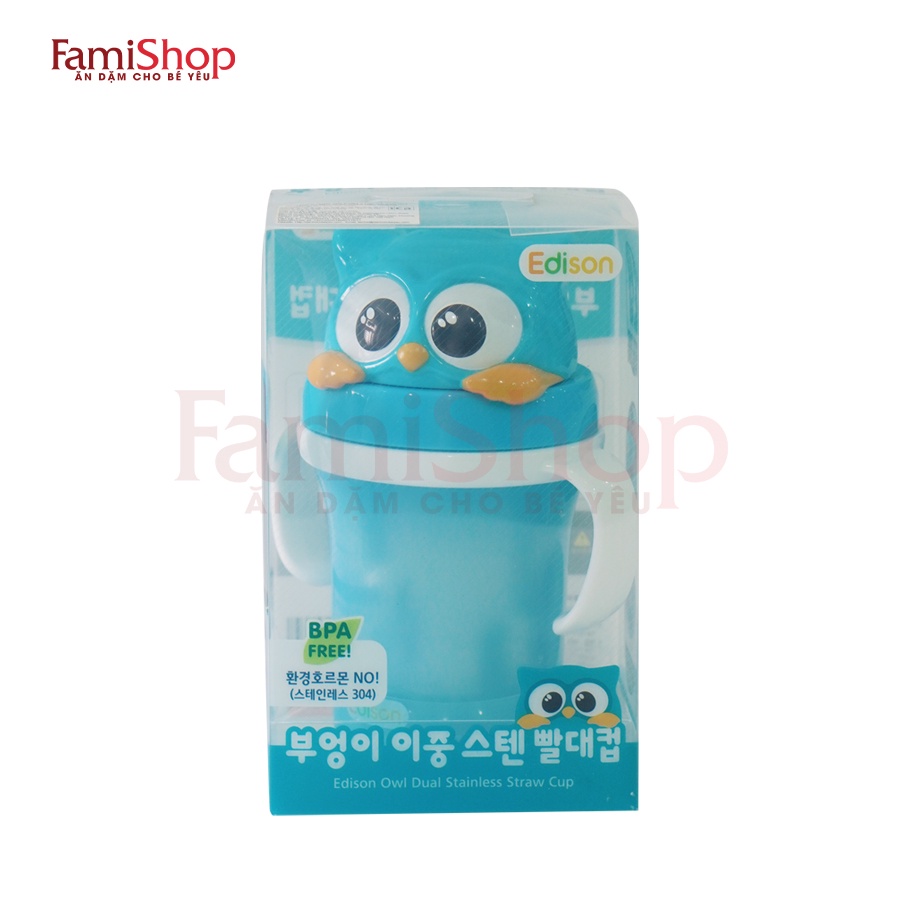 FamiShop Bình nước GIỮ NHIỆT ẤM có ống hút - hình cú mèo Edison, cung cấp nước ấm cho bé