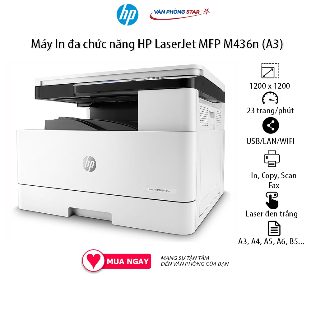 Máy in Laser đa chức năng HP LaserJet MFP M436n A3 tại Vanphongstar tốc độ in 23 trang/phút, copy 23 cpm, scan 30 ipm