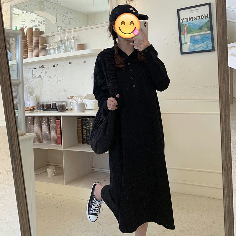 SUXI Đầm hoodie dài tay phong cách vintage Hàn Quốc cho nữ