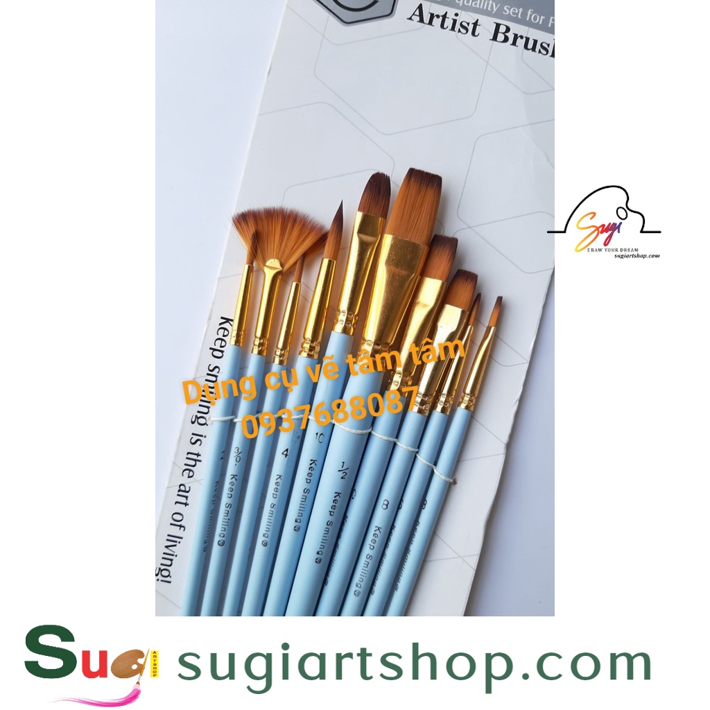 -Bộ cọ nhiều đầu Keep Smiling 6303 (bộ 10 cây xanh biển có cọ quạt)-