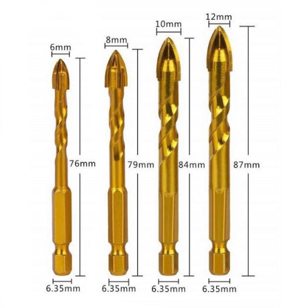 Mũi khoan đa năng 6-8-10-12mm, chân lục giác loại dài 12cm, khoan kính, thủy tinh,khoan gạch men, đá hoa cương