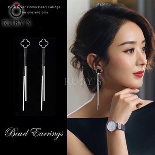 Bông tai bạc s925 hình cỏ 4 lá dáng dài bt34