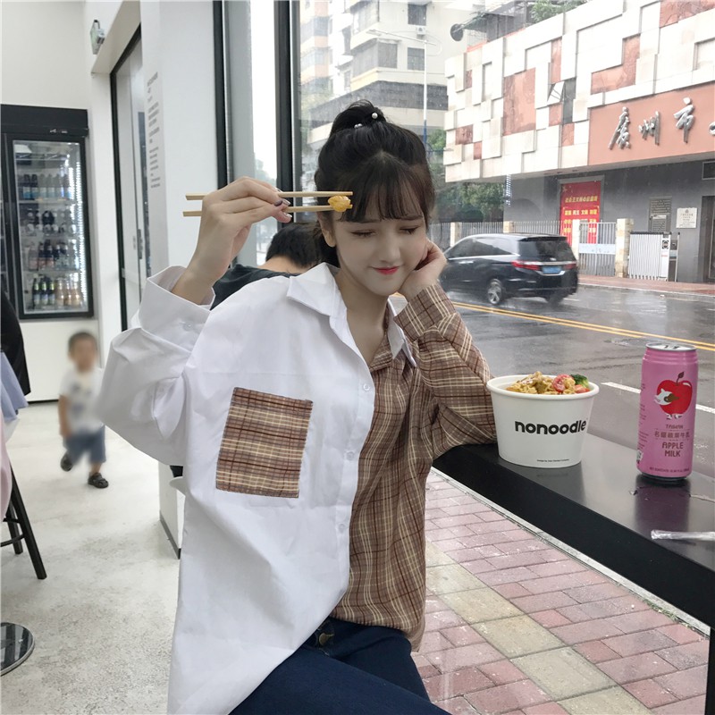 SUXI Áo sơ mi tay dài dáng rộng phong cách Hàn Quốc