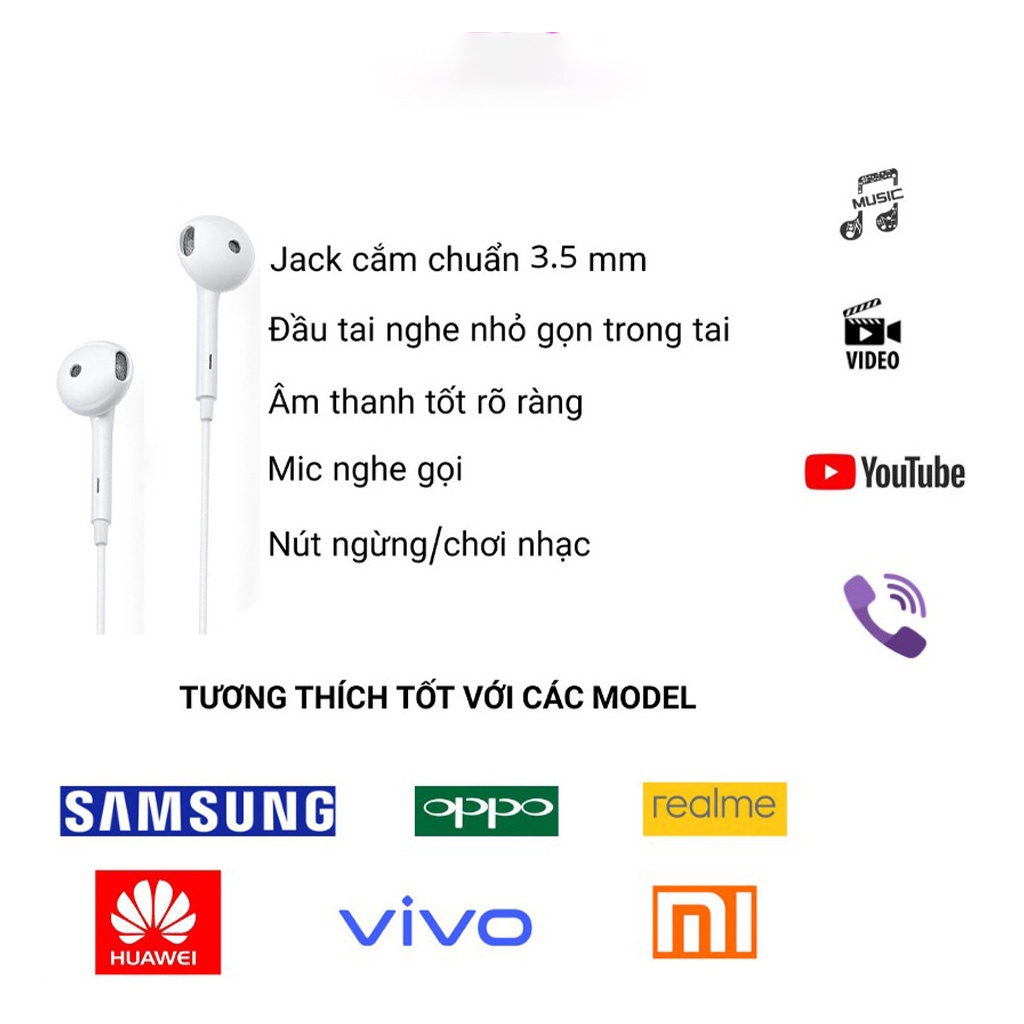 Tai nghe Oppo nhét tai jack 3.5 Âm thanh tốt, có mic đàm thoại, Xài được cho tất cả các dòng điện thoại oppo vivo realme