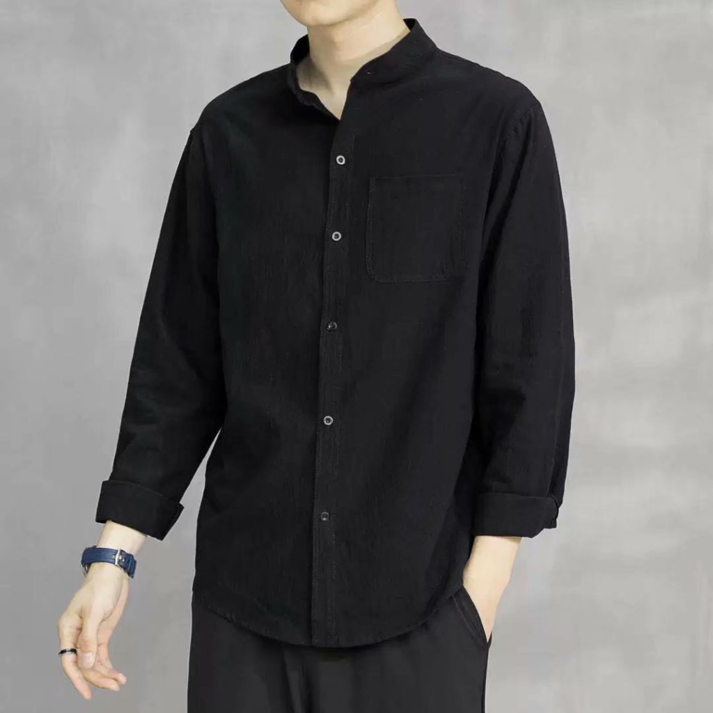 Áo Sơ Mi Tay Dài Cổ Đứng Bằng Vải Lanh Cotton Màu Trơn Phong Cách Harajuku Nhật Bản Đơn Giản