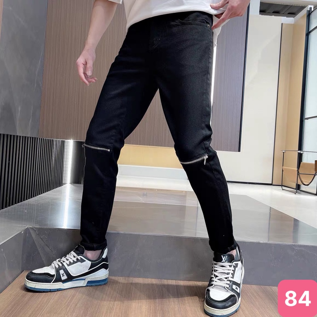 Quần jean nam rách gối kéo khóa màu đen trơn chất jeans bò cao cấp co dãn 4 chiều rin form dáng skinny Hado19 mẫu mới