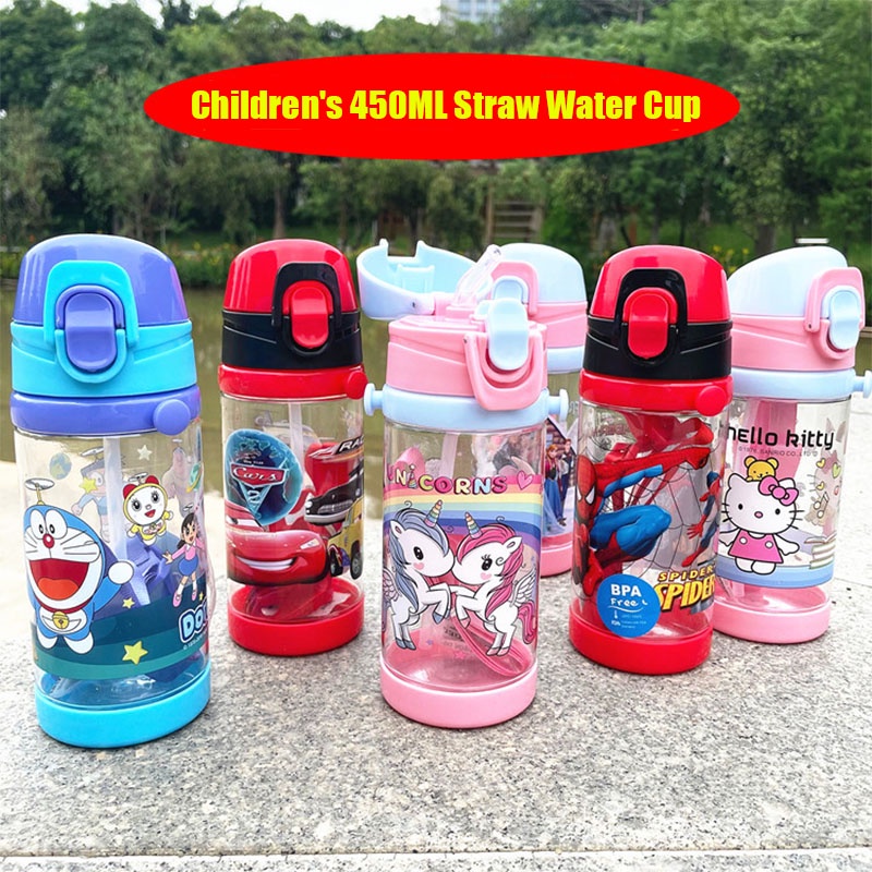 Bình Nước 450Ml Kèm Ống Hút Họa Tiết Hoạt Hình Cho Bé