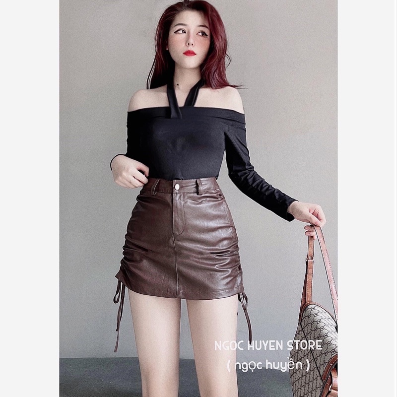 Chân váy da chữ a dáng ngắn dây rút 2 bên có quần lót trong mã Fashion3286