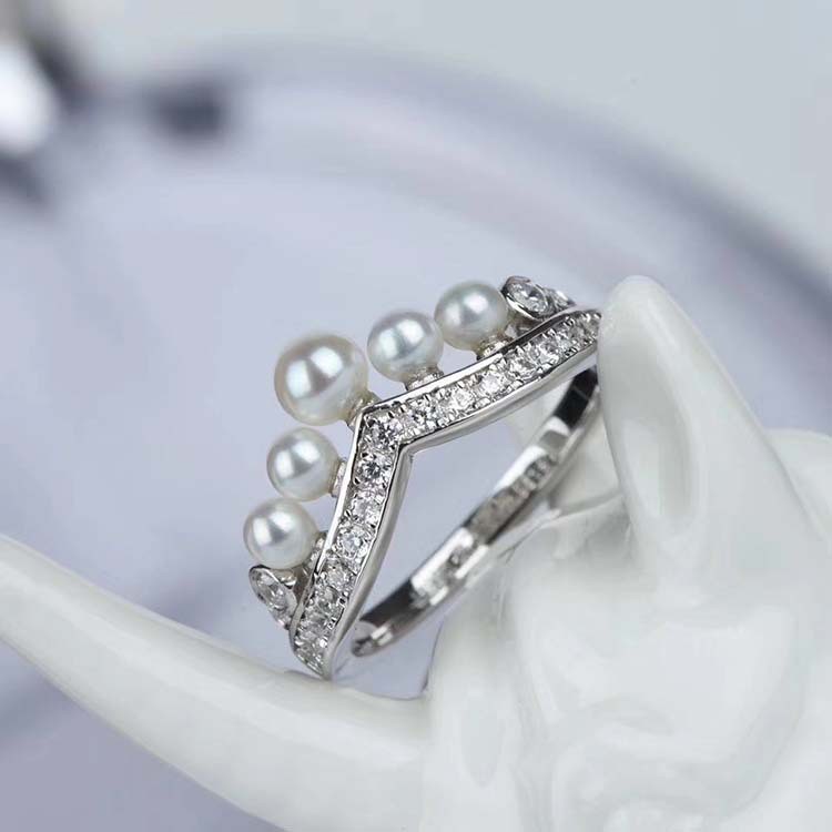 Nhẫn kim cương vương miện ngọc trai nữ thời trang hàn quốc