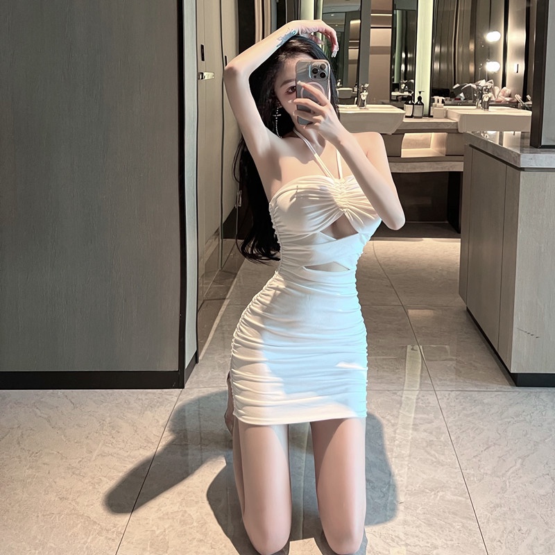 Đầm Ôm Cổ Yếm Khoét Lỗ Màu Trắng Trơn Quyến Rũ Cho Nữ