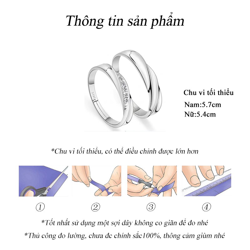 Nhẫn đôi Nam nữ Nhẫn mạ bạc Đính đá Không phai màu tặng ngày lễ tình nhân NH-008