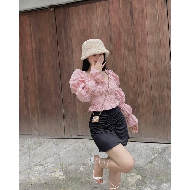 Áo kiểu croptop sọc kẻ caro tay phồng/ áo croptop cổ vuông tay phồng phối loe