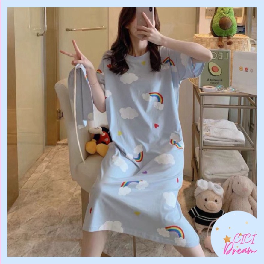 (FREESHIP TỪ 50K) Váy ngủ dáng suông ngắn tay in hình dễ thương