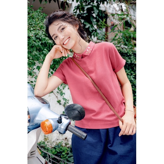 Áo linen hồng thêu tay cổ đức Lá In Hoa