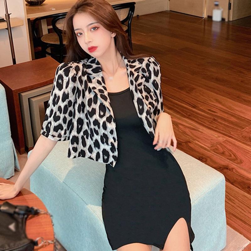 Áo Croptop Tay Ngắn Hoạ Tiết Da Báo Phong Cách Retro