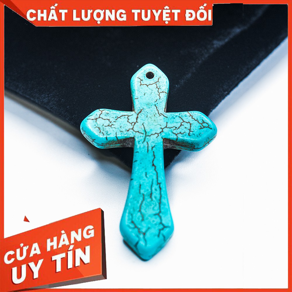 Mặt dây chuyền thánh giá Turquoise xanh ngọc và trắng vân rạn