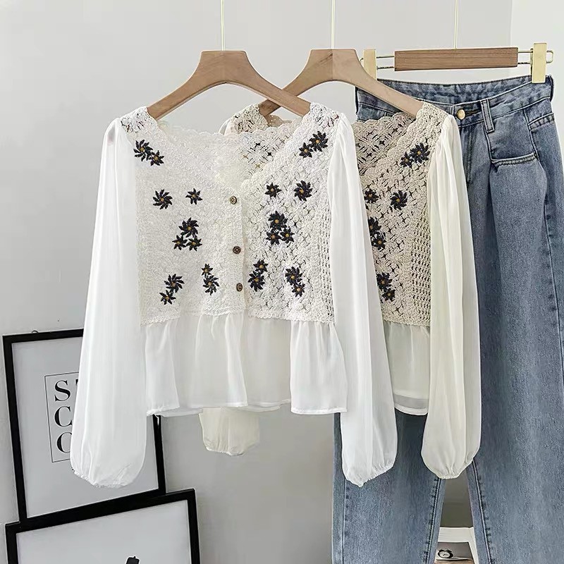 Áo Voan Tay Dài Cổ V Họa Tiết Thêu Phong Cách Retro Cổ Điển Xinh Xắn Cho Nữ Xiaozhainv