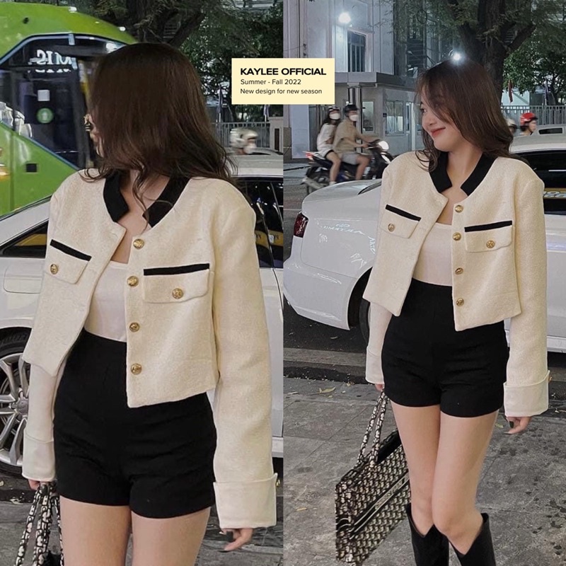 Áo Khoác Dạ Trắng Tay Pha Sơmi Có Đệm Vai 2Lớp kèm ảnh thật Kaylee