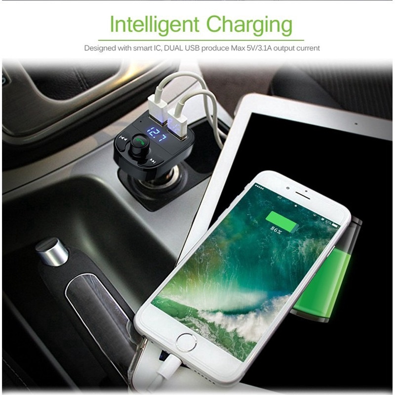Máy nghe nhạc mp3 bluetooth cho xe hơi tích hợp FM và chức năng sạc với 2 cổng USB