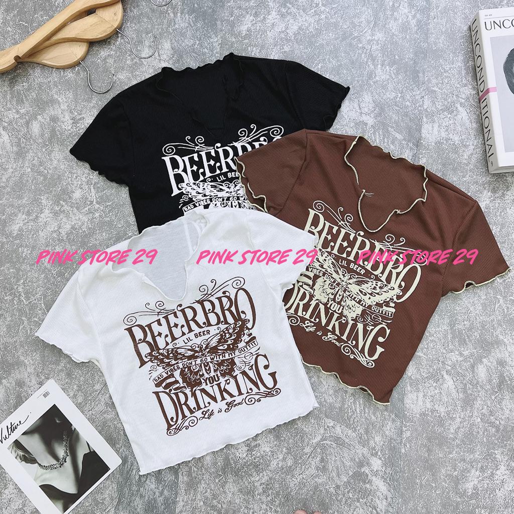 Áo Croptop Cổ V Ngắn Tay PINKSTORE29, Dáng Rộng Cuốn Biên In Họa Tiết A5464