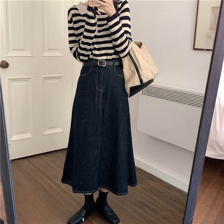 Bộ Áo Sơ Mi Kẻ Sọc + Chân Váy Denim Dài Lưng Cao Xinh Xắn Theo Phong Cách Retro Hàn Quốc | BigBuy360 - bigbuy360.vn