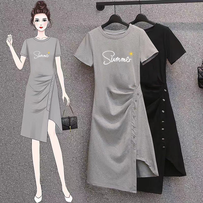 Đầm Thun Cotton Tay Ngắn Dáng Rộng Thiết Kế Xẻ Tà Thời Trang Mùa Hè Cho Nữ