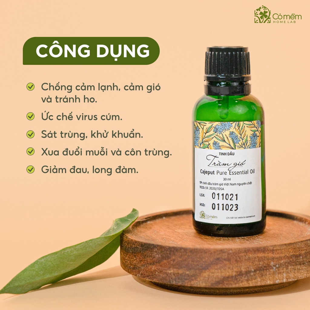 Tinh Dầu Tràm Gió Nguyên Chất An Toàn Cho Bé Giúp Giữ Ấm Ngừa Cảm Lạnh Đuổi Muỗi Cỏ Mềm 30ml