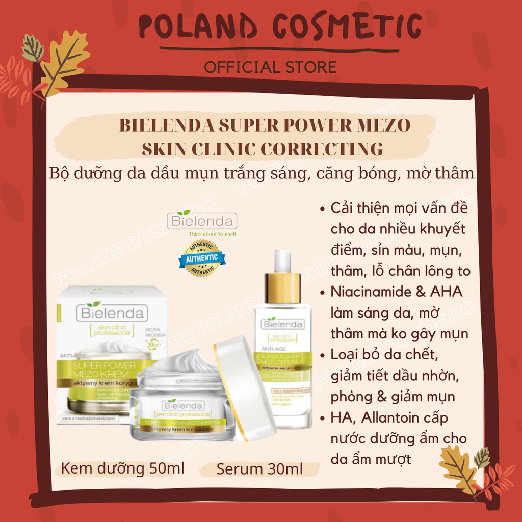 Serum & Kem dưỡng Bielenda Super Power Mezo cho da dầu mụn trắng sáng, căng bóng, mờ thâm, ngừa mụn