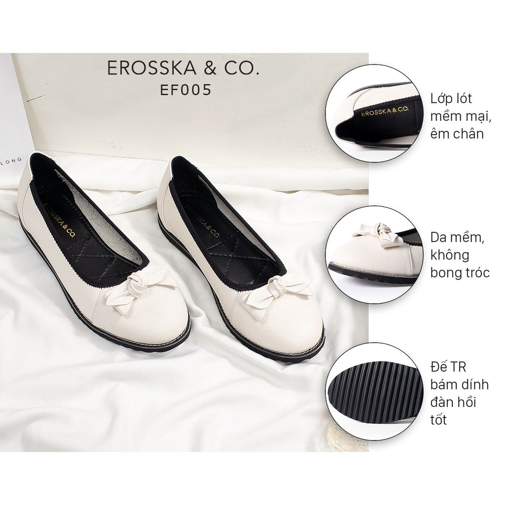 Giày búp bê Erosska da thật đế bằng bít mũi đính nơ màu trắng _ EF005