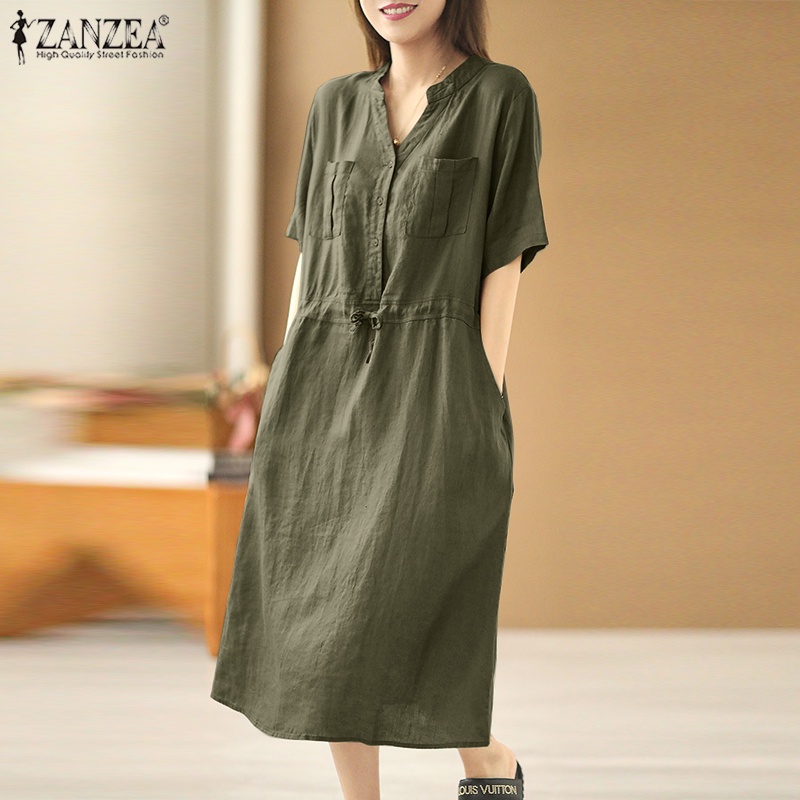 Đầm ZANZEA cổ V tay ngắn lưng cao dáng rộng phối dây rút phong cách vintage cho nữ