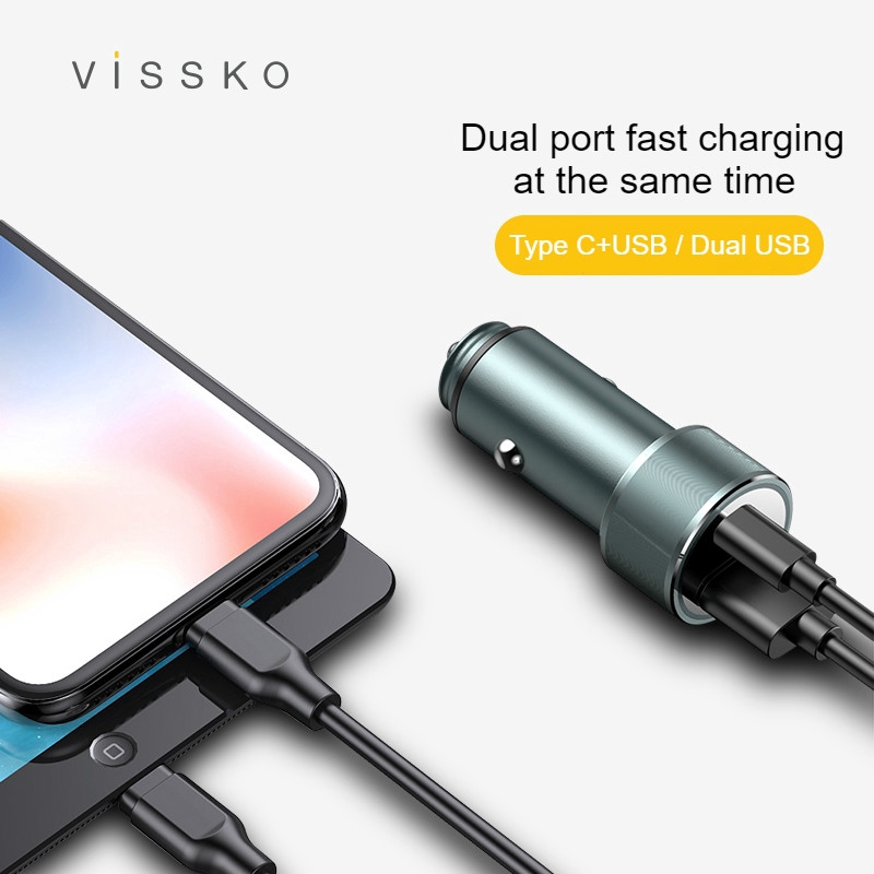 Vissko Car Charger 6A/36W for Dual Ports Type C+USB Support QC3.0+PD Fast Charging