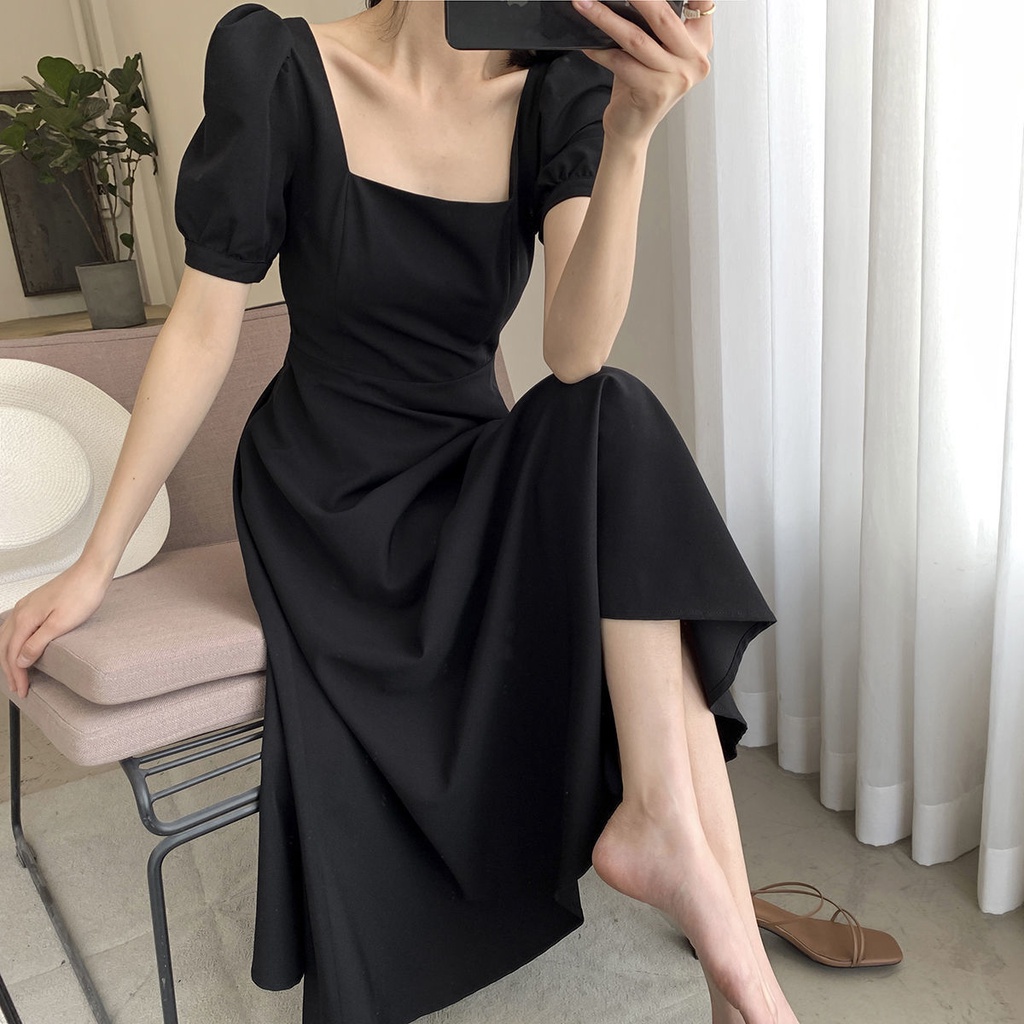 Đầm Maxi Dự Tiệc Cổ Vuông Màu Đen Thanh Lịch Cho Nữ
