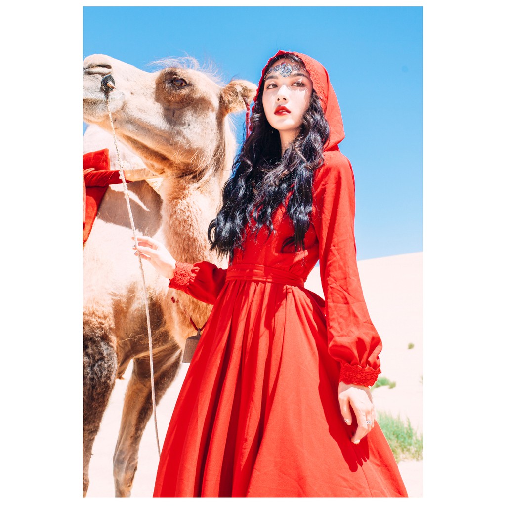 Đầm Đỏ Boho Maxi có nón - MUOJ - Phong Cách Bohemain - Hàng Cao Cấp -