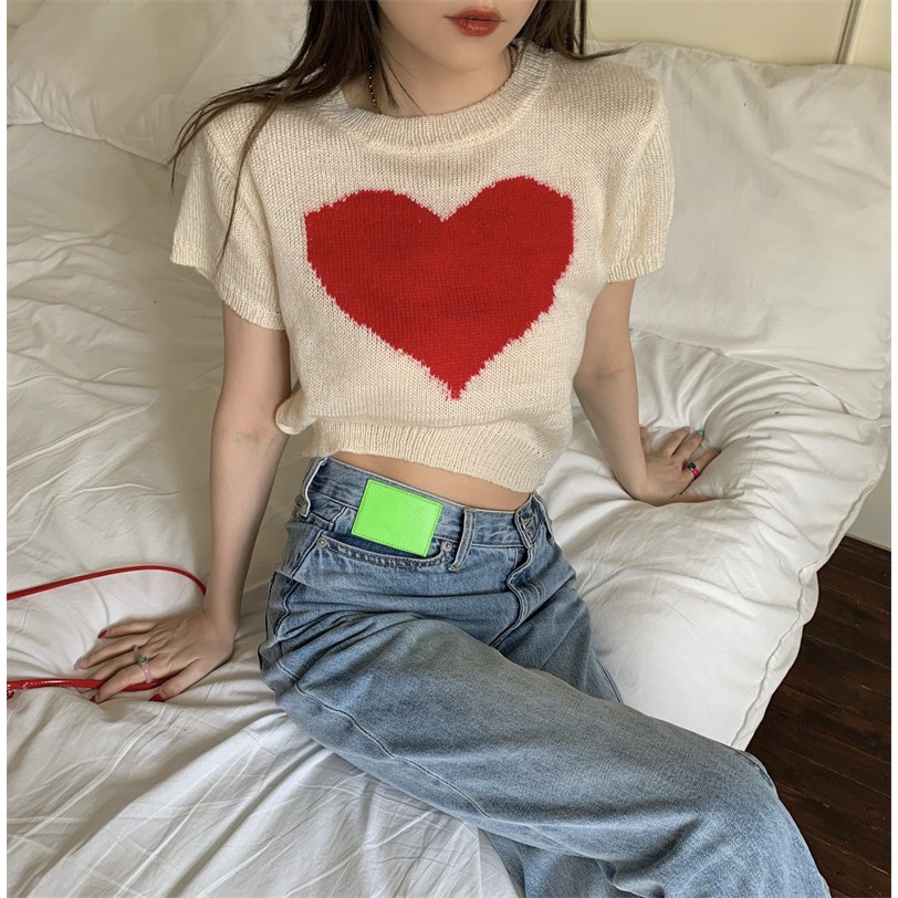 Áo dệt kim ngắn tay họa tiết trái tim đáng yêu dành cho nữ