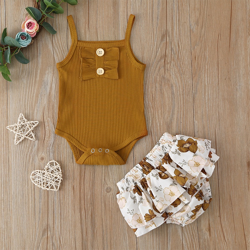 Bộ Đồ Bé Gái Gồm 2 Món Mùa Hè Bodysuit Hai Dây Và Chân Váy Set Quần Áo Cho Sơ Sinh 0 đến 24 tháng