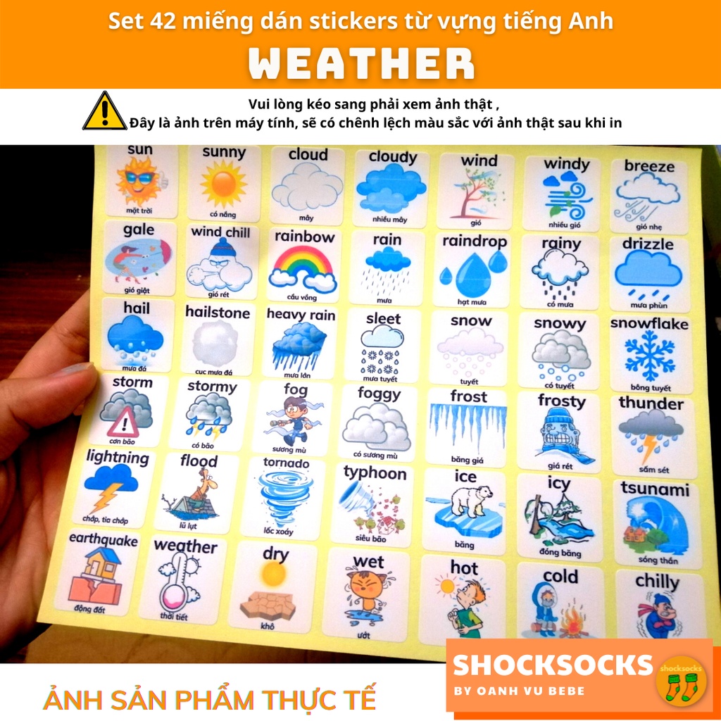 🔥42 miếng dán stickers từ vựng tiếng Anh chủ đề THỜI TIẾT KHÍ HẬU - 42 Eng/Vi vocabulary stickers topic WEATHER 🔥