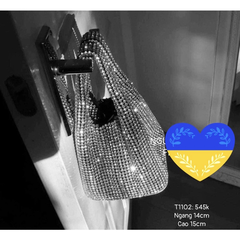 Túi cầm tay nữ bucket túi rút da đá pha lê bling bling có hộp