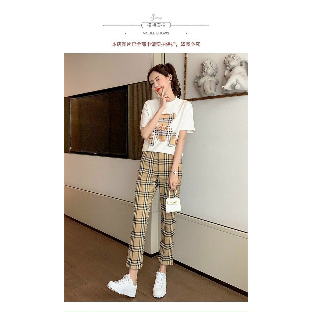 Bộ Thun Cao Cấp  Áo Thun Gấu Tay Cộc Và Quần Họa Tiết Caro Sọc, Bộ Thể Thao Năng Động Cá Tính-Size: M-L-XL-2XL